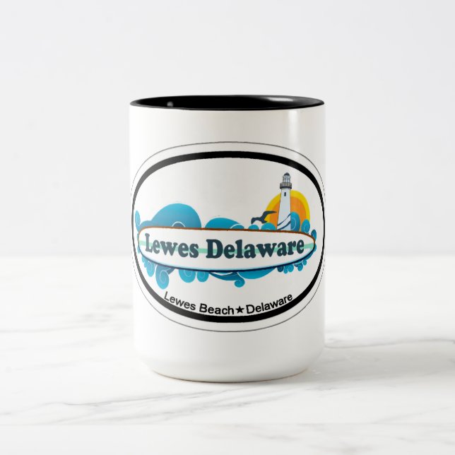Lewes Beach Oval Design. Two-Tone Coffee Mug (Center)