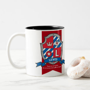 Lewis name meaning bird red blue letter L Two-Tone Coffee Mug