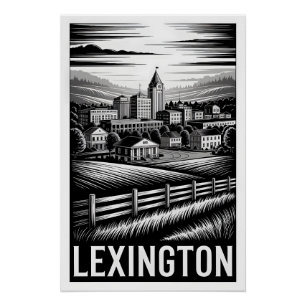 Lexington Kentucky Skyline Black White Woodcut Poster