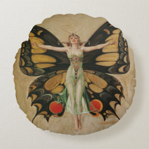 Leyendecker Butterfly Girl Vintage Art Deco Round Pillow