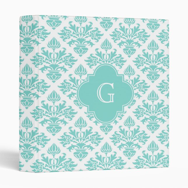 Lg Aqua Floral Damask #3 Aqua Quatrefoil Monogram Binder (Front/Spine)