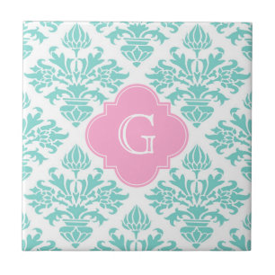 Lg Aqua Floral Damask #3 Pink Quatrefoil Monogram Ceramic Tile