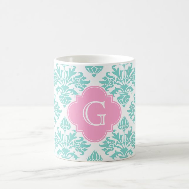 Lg Aqua Floral Damask #3 Pink Quatrefoil Monogram Coffee Mug (Center)