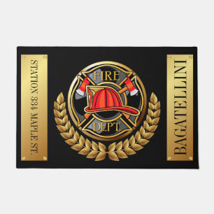 Lg. Fire Department Elegant Black and Gold Doormat