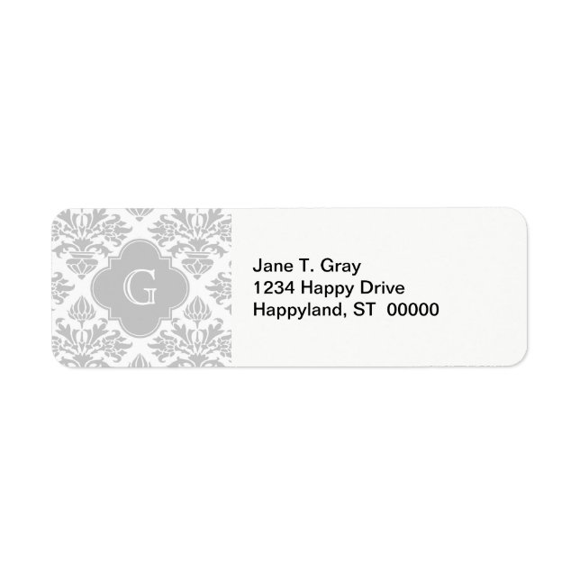 Lg Gray White Floral Damask #3 Gray Monogram Label (Front)