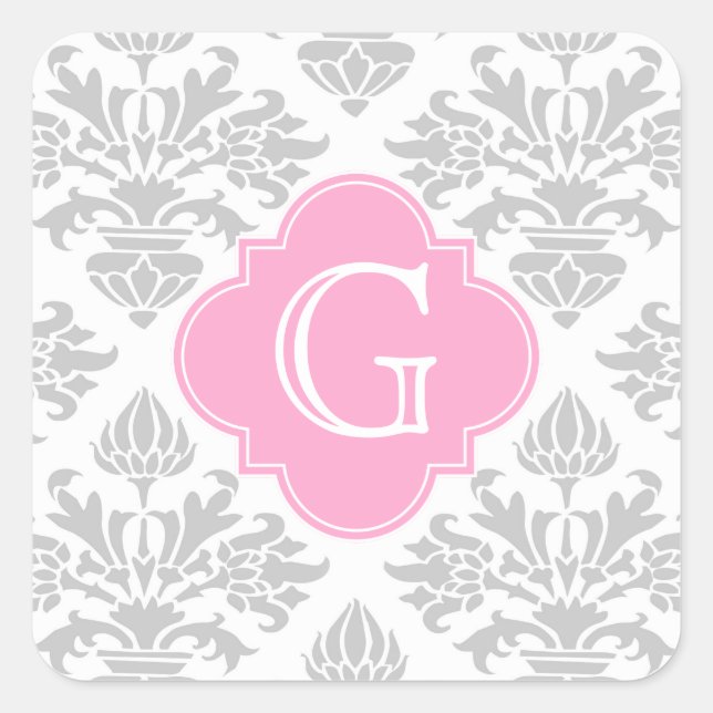 Lg Gray White Floral Damask #3 Pink Monogram Label (Front)