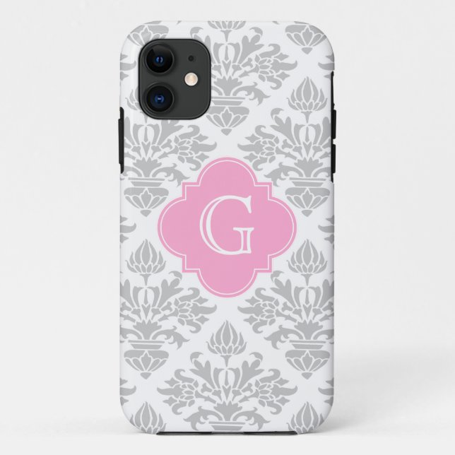 Lg Gray White Floral Damask #3 Pink Monogram Label Case-Mate iPhone Case (Back)