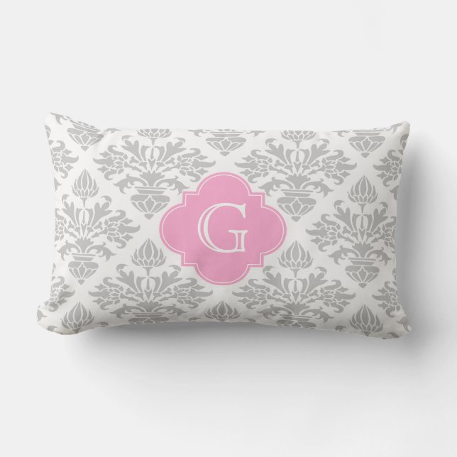 Lg Gray White Floral Damask #3 Pink Monogram Label Lumbar Pillow (Front)
