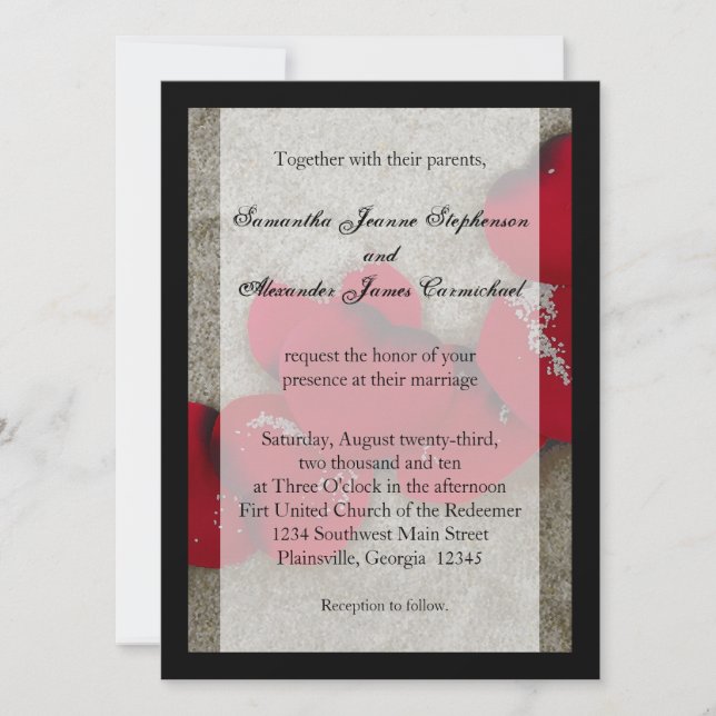Lg Red Rose Petals on Sand Beach Wedding Invitation (Front)