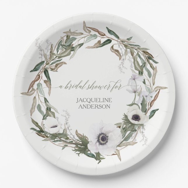 LG Size Bridal Shower Rustic Wreath Anemone Leaf Paper Plates (Front)
