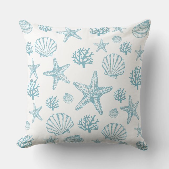 Lg Throw Pillow Teal Seashell Starfish Beachy  (Front)