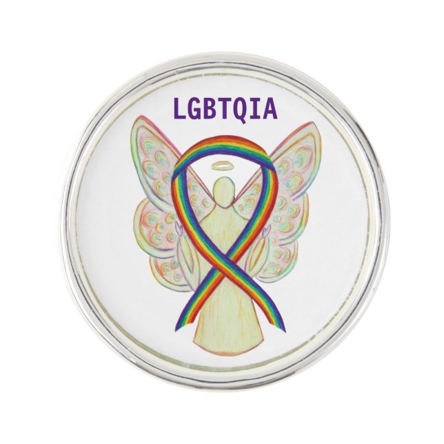 LGBQIA Rainbow Awareness Ribbon Angel Lapel Pin (Front)