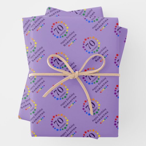 LGBT 70 Today or Any Age Birthday and Name Purple Wrapping Paper Sheets