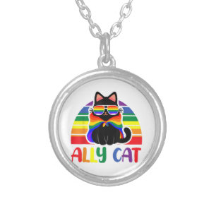 LGBT Ally Cat Be Kind Gay Rainbow Funny LGBTQ Flag Silver Plated Necklace