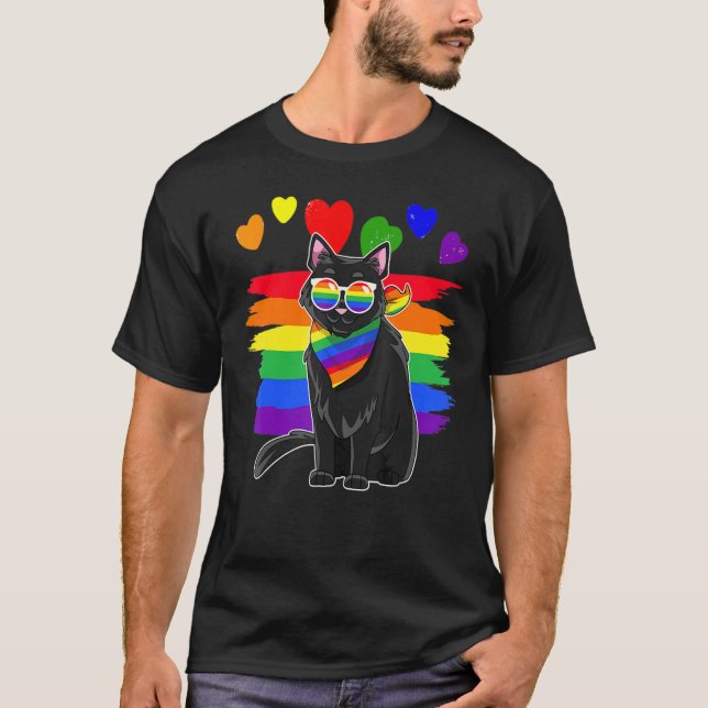 Lgbt Black Cat Gay Pride Rainbow Lgbtq T-Shirt (Front)