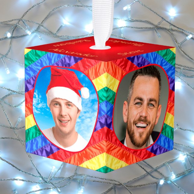 LGBT custom photo 4 photo collage gay rainbow flag Cube Ornament (Creator Uploaded)