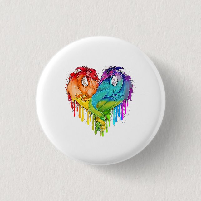 Lgbt Dragon Heart Rainbow Heart Dragon Lgbt Pride Button (Front)