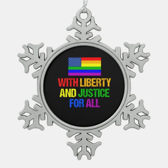 LGBT Equal Rights Rainbow American Flag Snowflake Pewter Christmas Ornament (Front)
