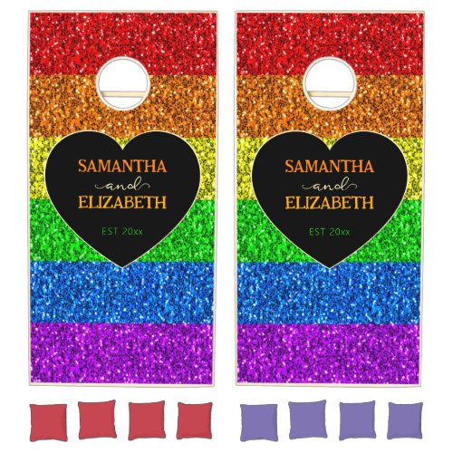 LGBT flag rainbow heart sparkles gay wedding Cornhole Set