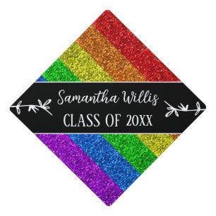 LGBT flag rainbow sparkle Custom name Class Graduation Cap Topper