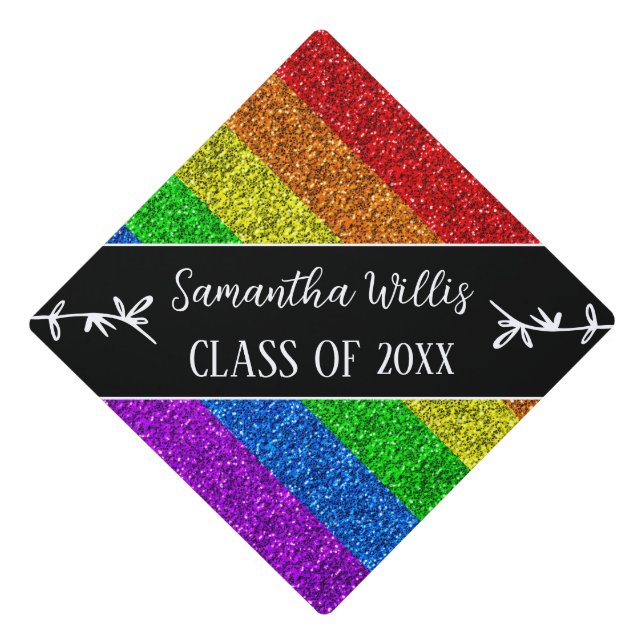 LGBT flag rainbow sparkle Custom name Class Graduation Cap Topper (Front)