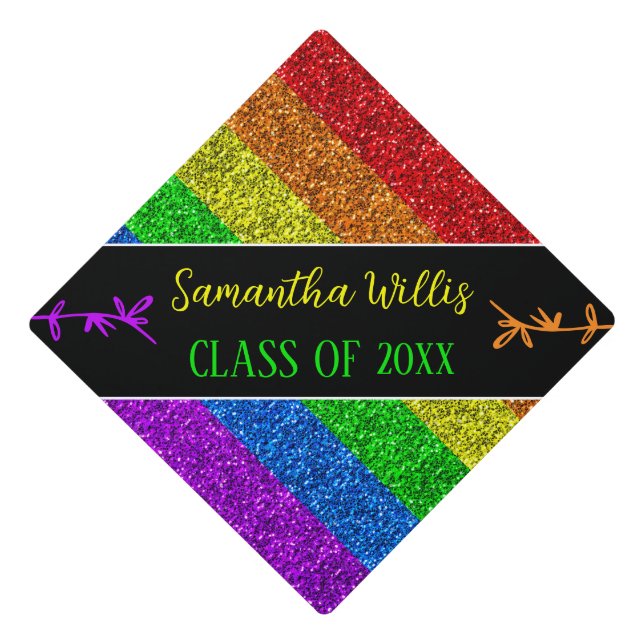LGBT flag rainbow sparkle Custom name Class Graduation Cap Topper (Front)