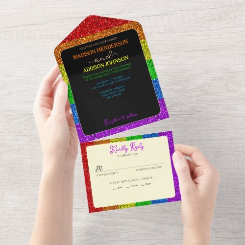 LGBT flag rainbow sparkles gay lesbian wedding All In One Invitation