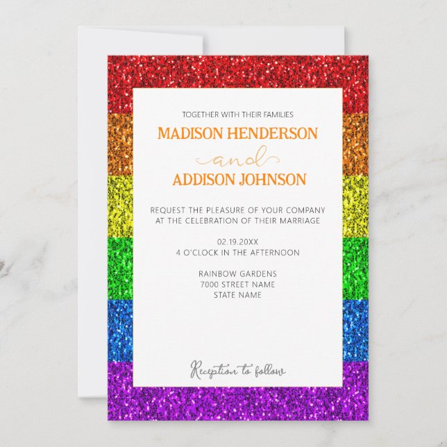 LGBT flag rainbow sparkles gay lesbian wedding Invitation (Front)