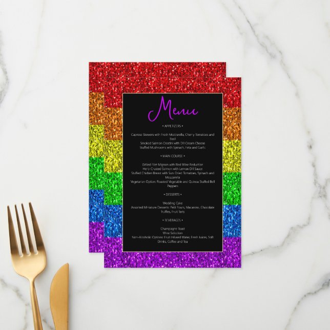 LGBT flag rainbow sparkles gay lesbian wedding Menu (Front/Back In Situ)