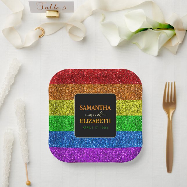 LGBT flag rainbow sparkles gay lesbian wedding Paper Plates (Wedding)