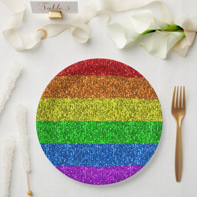 LGBT flag rainbow sparkles gay lesbian wedding Paper Plates (Wedding)