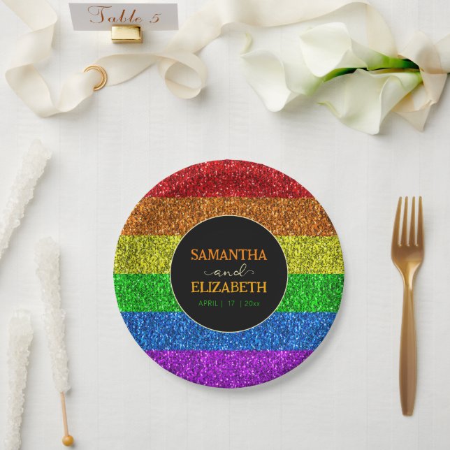 LGBT flag rainbow sparkles gay lesbian wedding Paper Plates (Wedding)