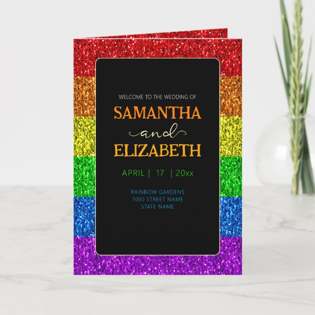 LGBT flag rainbow sparkles gay lesbian wedding Program (Front)
