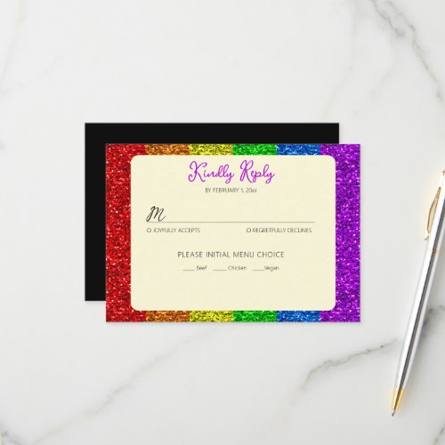 LGBT flag rainbow sparkles gay lesbian wedding RSVP Card