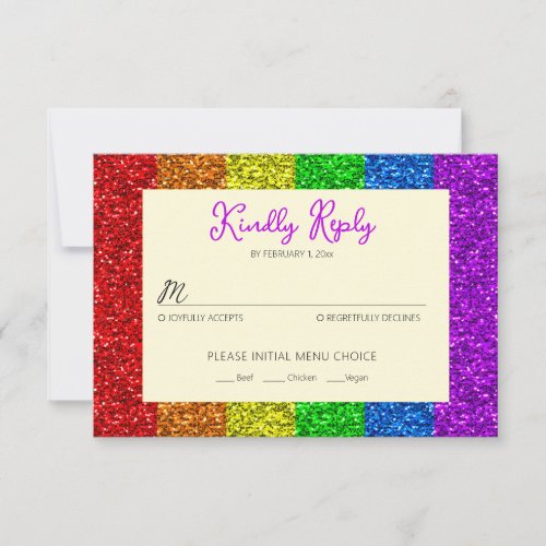 LGBT flag rainbow sparkles gay lesbian wedding RSVP Card