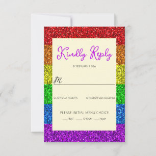 LGBT flag rainbow sparkles gay lesbian wedding RSVP Card