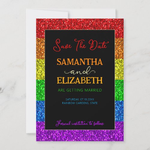 LGBT flag rainbow sparkles gay lesbian wedding Save The Date