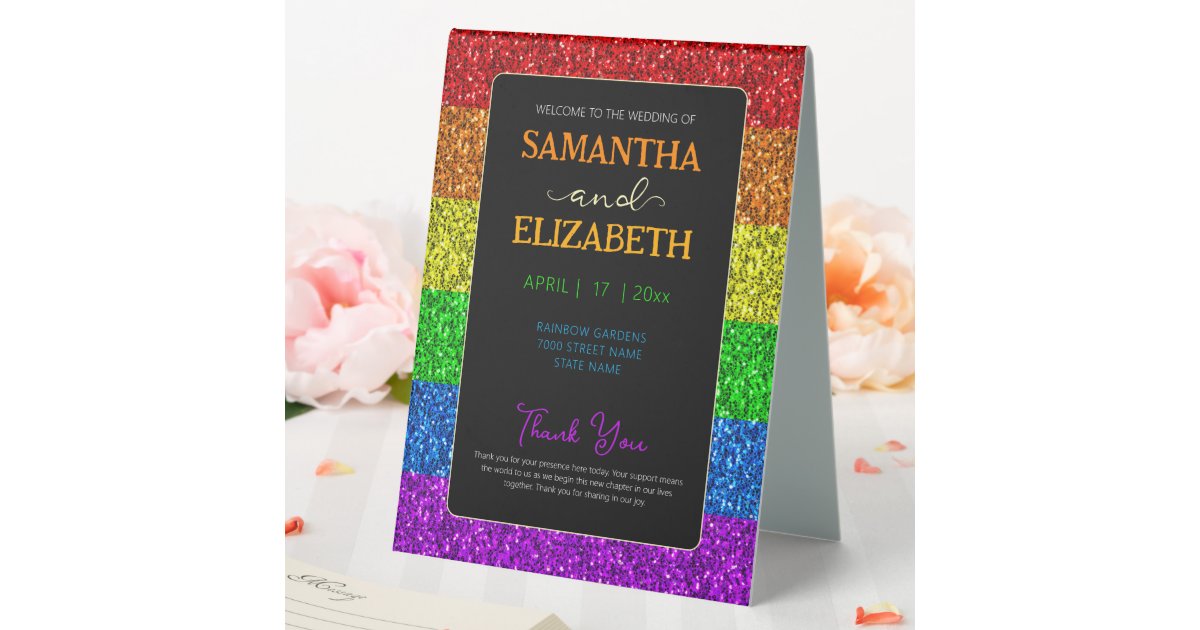 LGBT flag rainbow sparkles gay lesbian wedding Table Tent | Zazzle