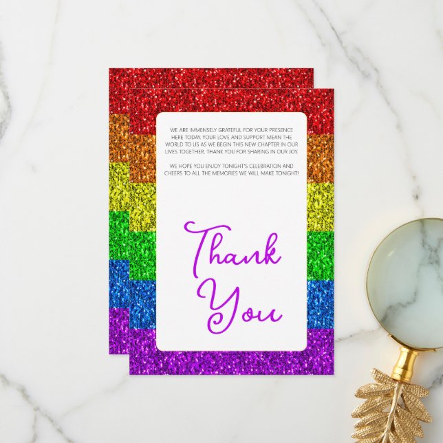 LGBT flag rainbow sparkles gay lesbian wedding Thank You Card (Front/Back In Situ)