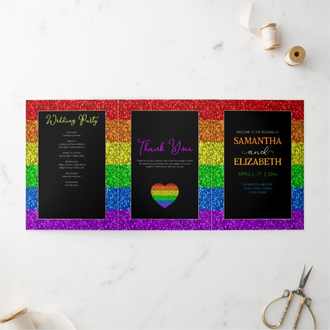 LGBT flag rainbow sparkles gay lesbian wedding Tri-Fold Program (Outside)