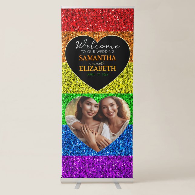 LGBT flag rainbow sparkles heart photo wedding Retractable Banner (Front)