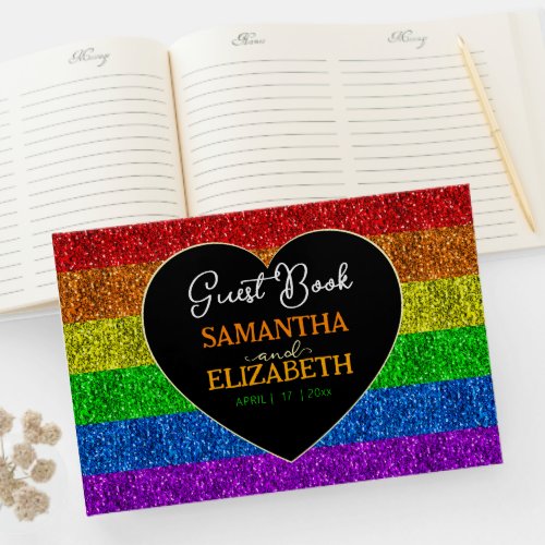 LGBT flag rainbow sparkles heart wedding Guest Book