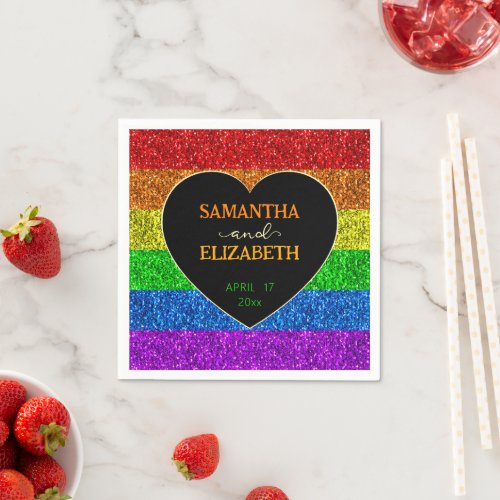 LGBT flag rainbow sparkles heart wedding Paper Napkins