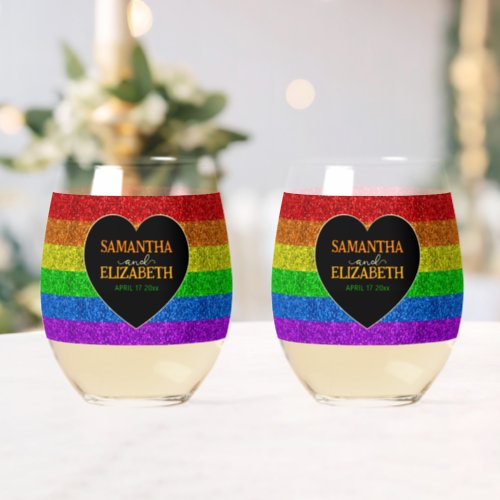 LGBT flag rainbow sparkles heart wedding Stemless Wine Glass