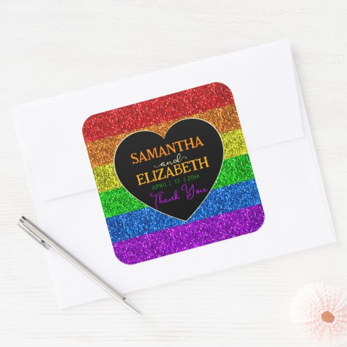 LGBT flag rainbow sparkles heart wedding Thank you Square Sticker