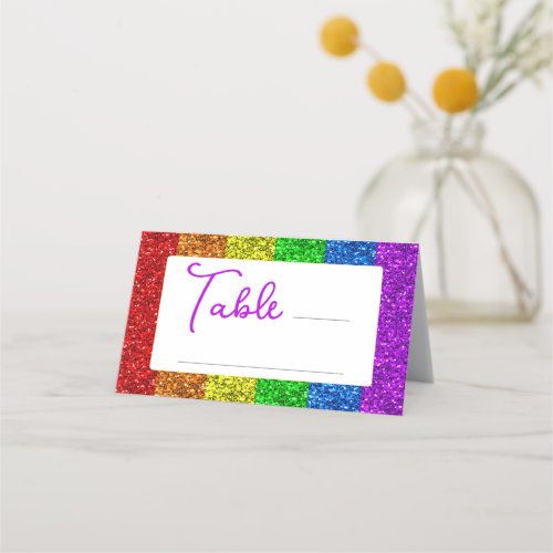 LGBT flag rainbow sparkles lesbian wedding Place Card