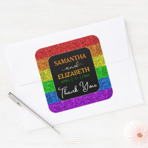 LGBT flag rainbow sparkles wedding Thank you Square Sticker
