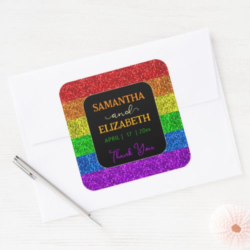 LGBT flag rainbow sparkles wedding Thank you Square Sticker