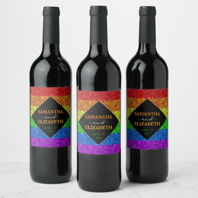 LGBT flag rainbow sparkles wedding Thank you Wine Label (Bottles)