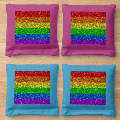 LGBT flag vibrant rainbow glitter faux sparkle Cornhole Bags